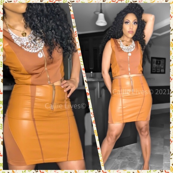 Dani Caramel Faux Leather Zip Up Mini Skirt Set - Picture 2 of 14